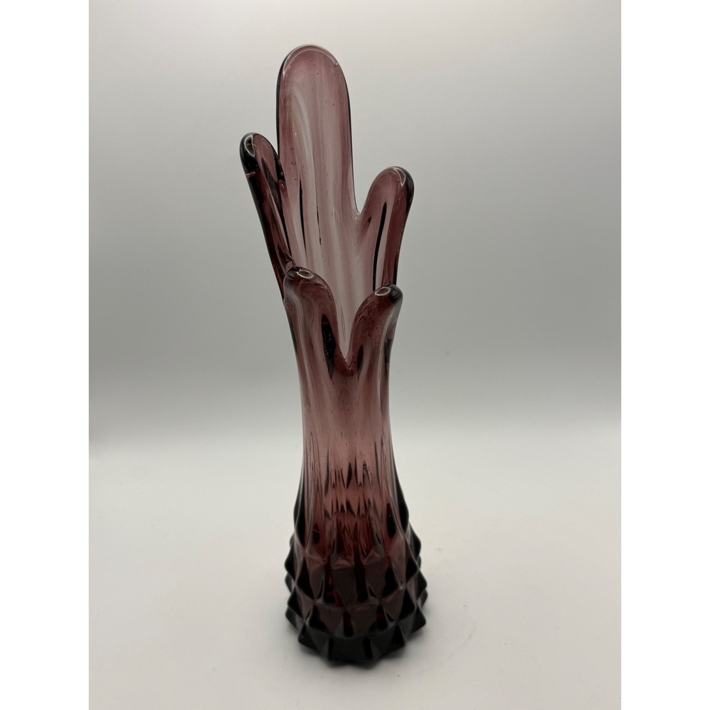 Vtg Amethyst Purple Swung Glass Five Finger Vase Mid Century Modern Diamond Base